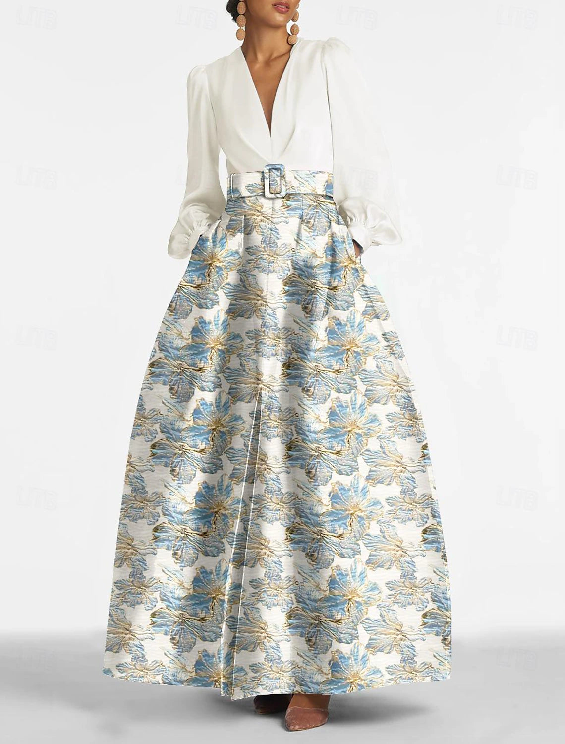 Abito da sera elegante con stampa floreale a trapezio, in metallo, con scollo a V, manica lunga, cintura/fascia in nylon